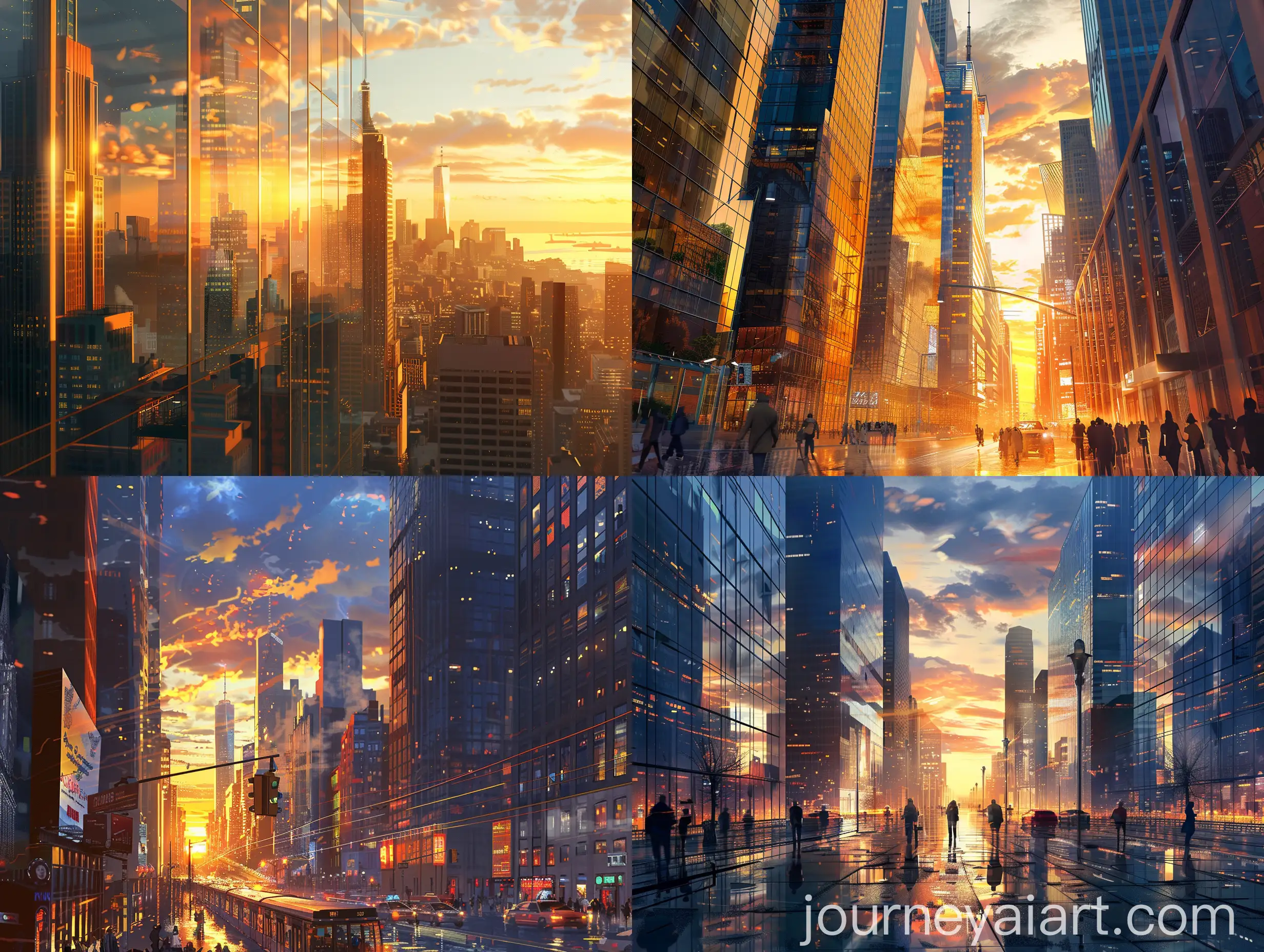 Bustling-Cityscape-at-Golden-Hour-with-Skyscrapers-and-Dynamic-Sky