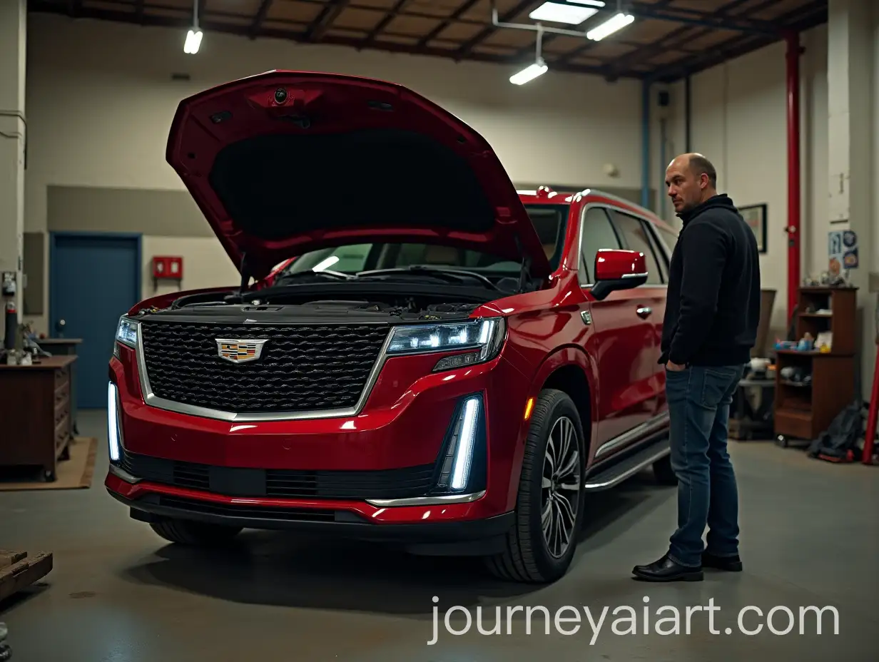 Luxury-2024-Red-Cadillac-Escalade-with-Heiress-and-Mechanic-in-Old-Car-Repair-Garage