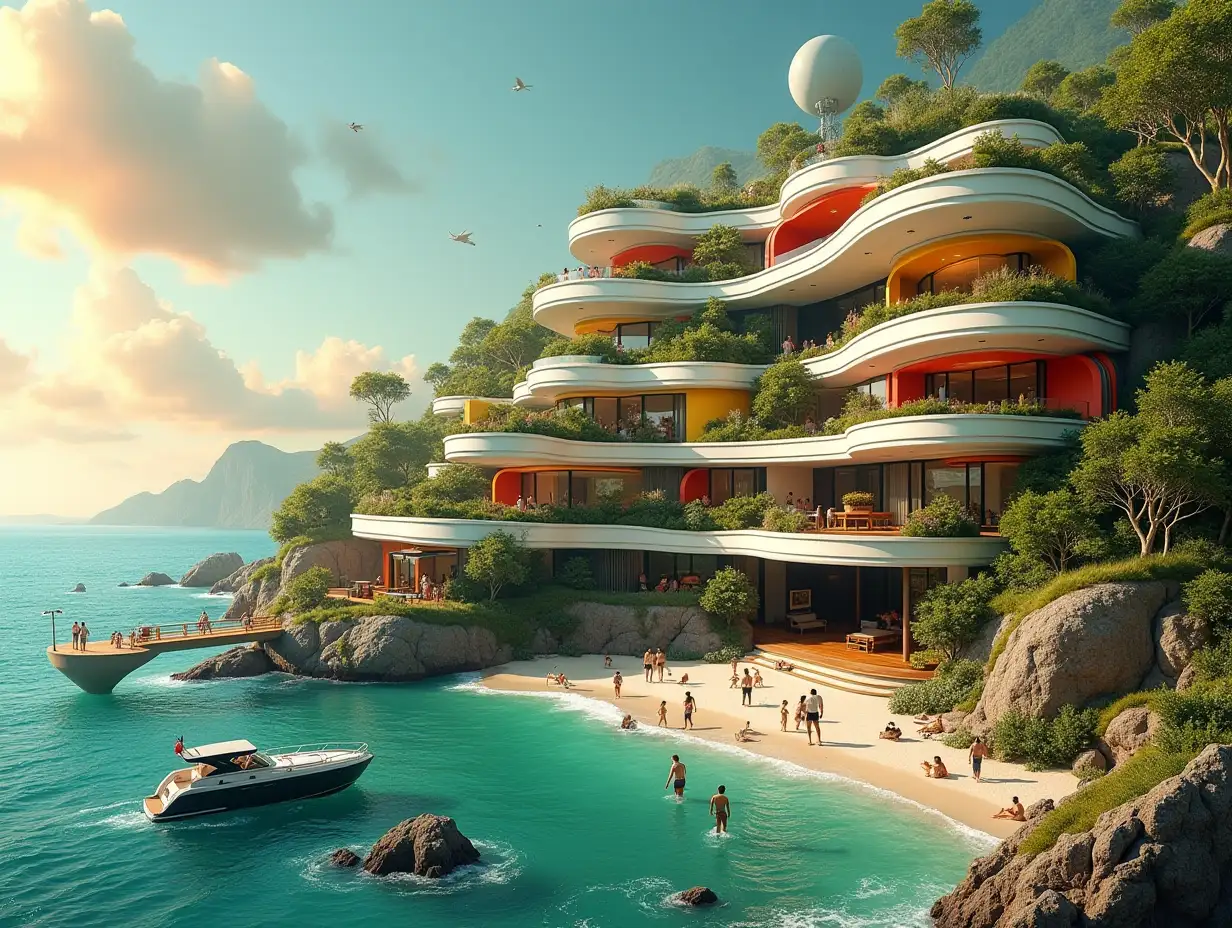 Create a high-resolution, realistic panorama image of a futuristic terrace building with Ellipse house with bridge, a yacht and a small beach with many people and animals  lots of plants and green and yellow and red facades  with sea with waves, big trees, orange clouds