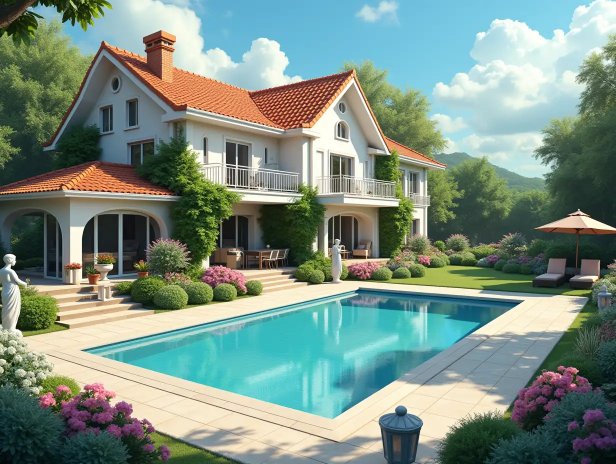 Create a house with people, with a large garden and pool with a large house, colorful bushes and statues