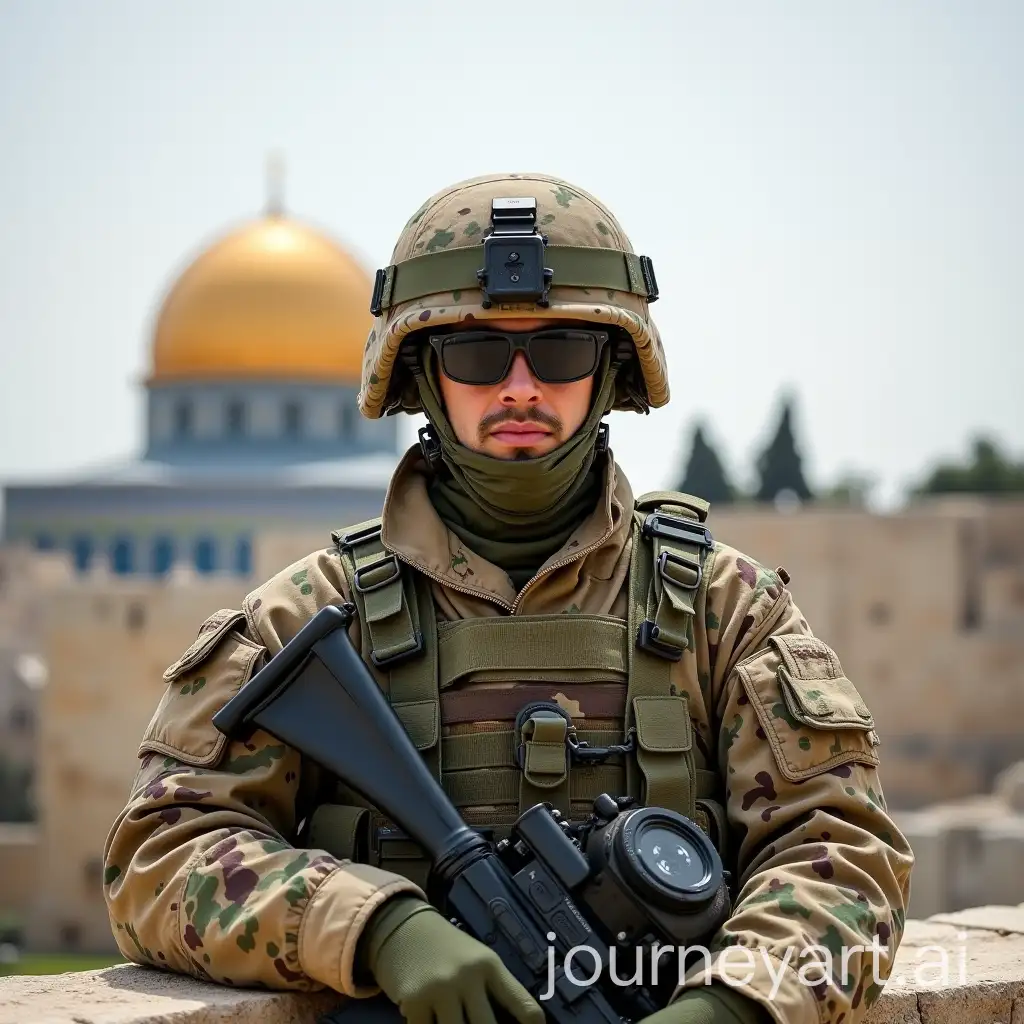 Soldier-in-Camouflage-Military-Suit-with-Dome-of-the-Rock-in-Palestine-Background