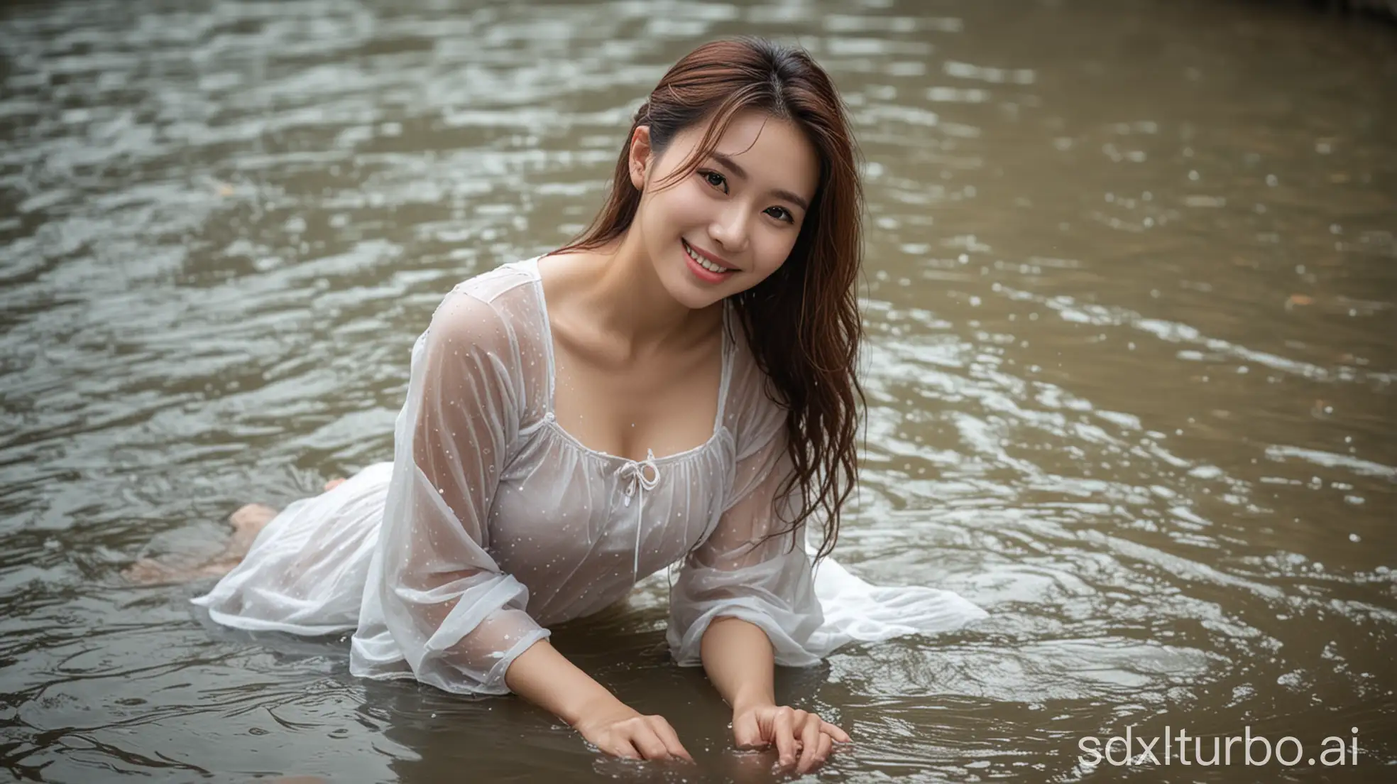 Chinese-Woman-in-Rainy-Season-Lying-in-River-with-Sweet-Smile-and-Long-Skirt