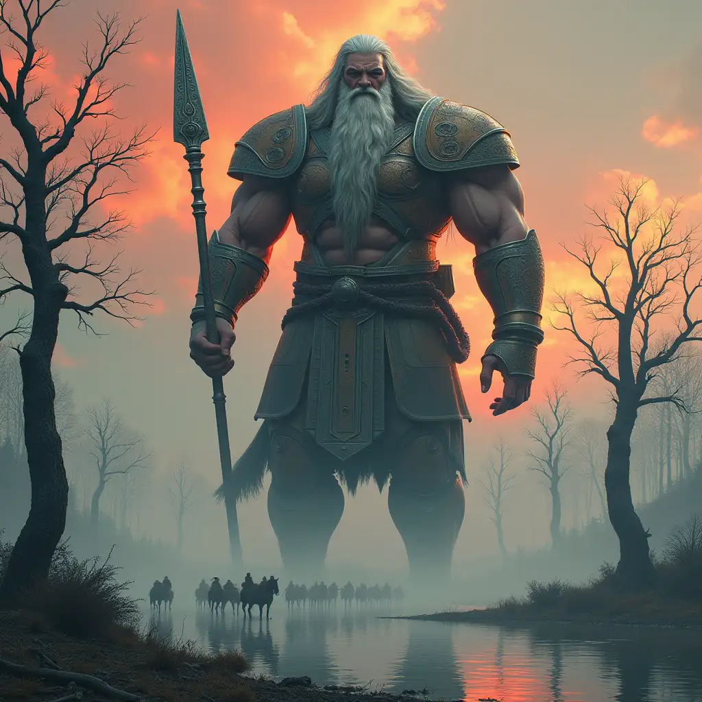 Mega metal titan, 15 mete tall old-fashioned, with patterned costume, long grey beard hair in braids at the lake, dead trees, giant snake spear, horses red sky, strong fog with many people