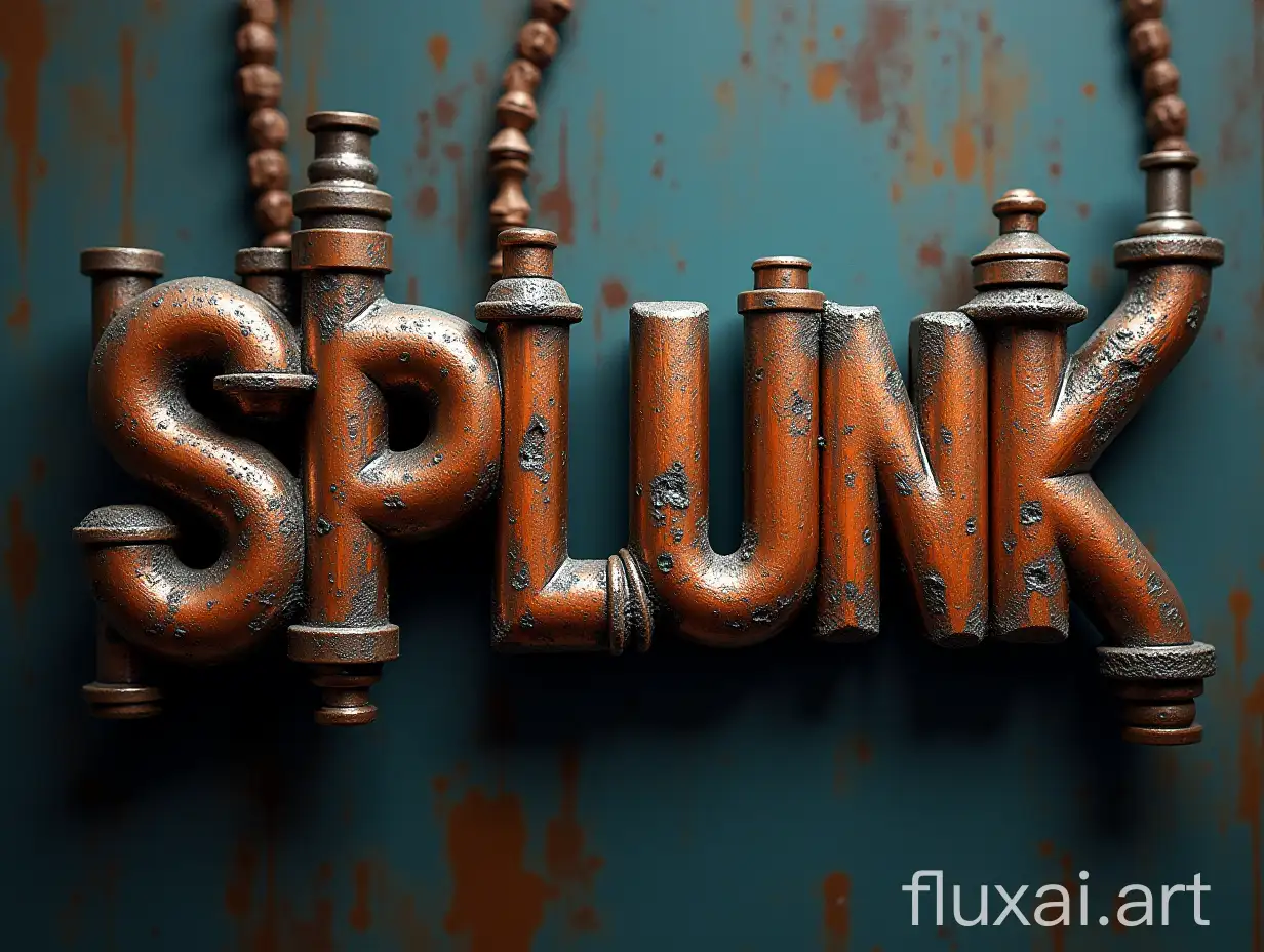 Create an image featuring the word 'SPLUNK' formed by water pipes, steam punk style