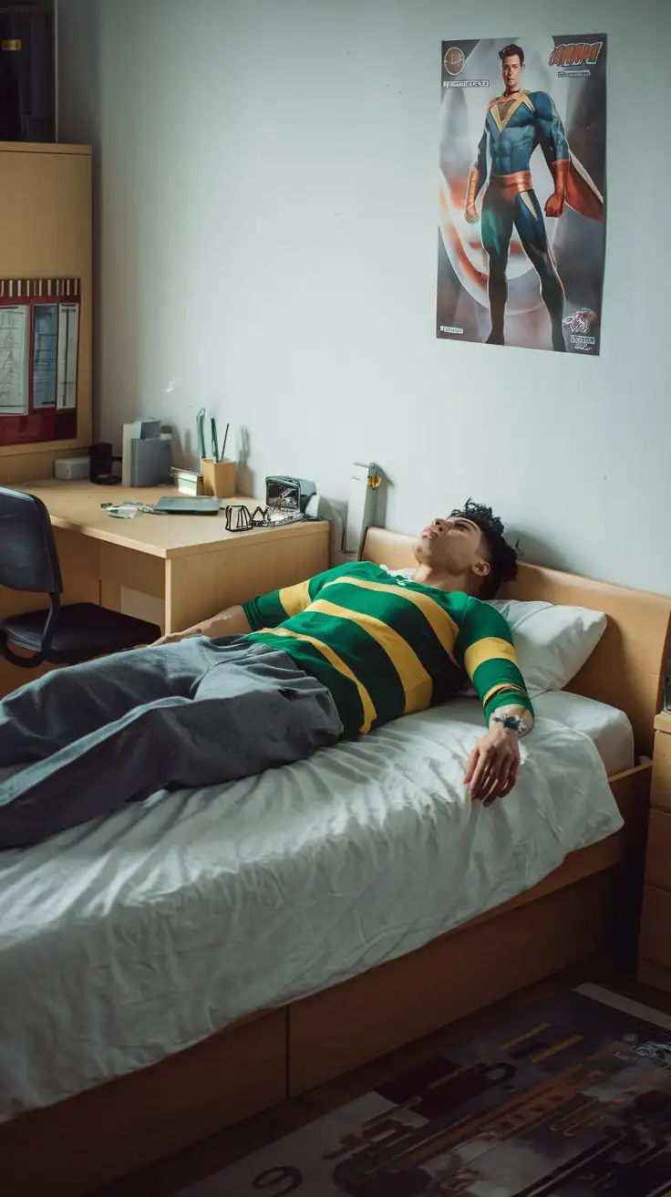 In a dorm room at night. A newly transformed superhero discovers his godlike brawn for the first time.