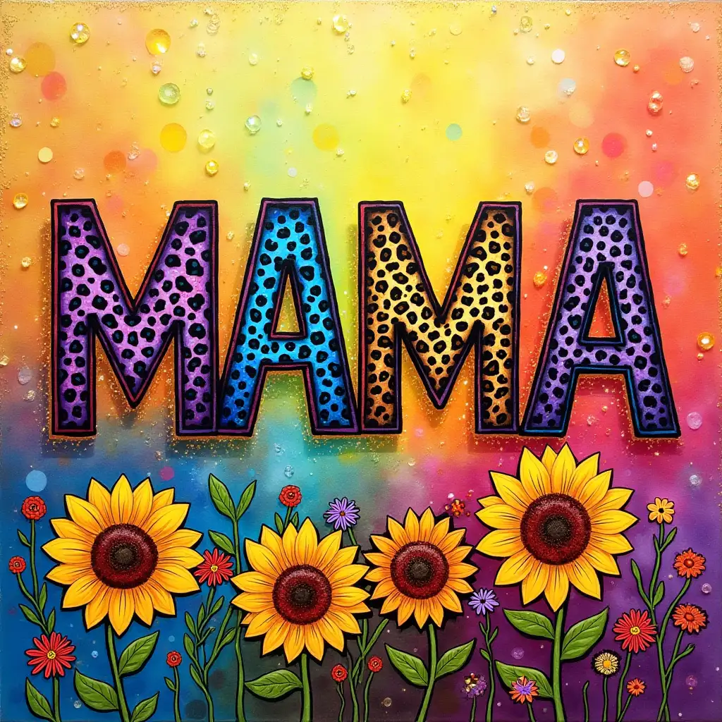 A vibrant and glittery design featuring the word 'MAMA' in bold, metallic letters with a leopard print pattern. The background transitions from gold to rainbow hues with a sparkling effect. At the bottom, colorful sunflowers and other bright flowers bloom, adding a cheerful and lively touch. Alcohol Ink  art