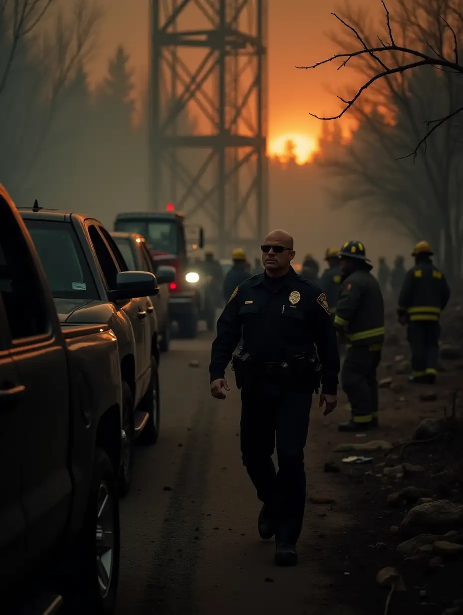 A convoy of black vehicles pulls up in an area devastated by fire. In the foreground, an officer wearing dark glasses and a protective suit gives orders as a team begins to secure the metal structure. In the background, firefighters look on, confused and fearful. The officers move in synchronized fashion, setting up barriers and collecting equipment from the firefighters. The metal structure begins to emit a pulse of light that the officers seem to ignore. The smoking ground, charred tree debris, and black vehicles contrast with the glow of the metal structure in the background. A medium shot showing the officers working with precision, while the firefighters remain passive bystanders. The lights of the vehicles cast long shadows on the debris, while the metal structure emits pulses of light that interrupt the dark environment. The noise of radios, engines dying down, and the murmuring of the officers contrasts with the eerie silence of the firefighters, who seem to know something is wrong.