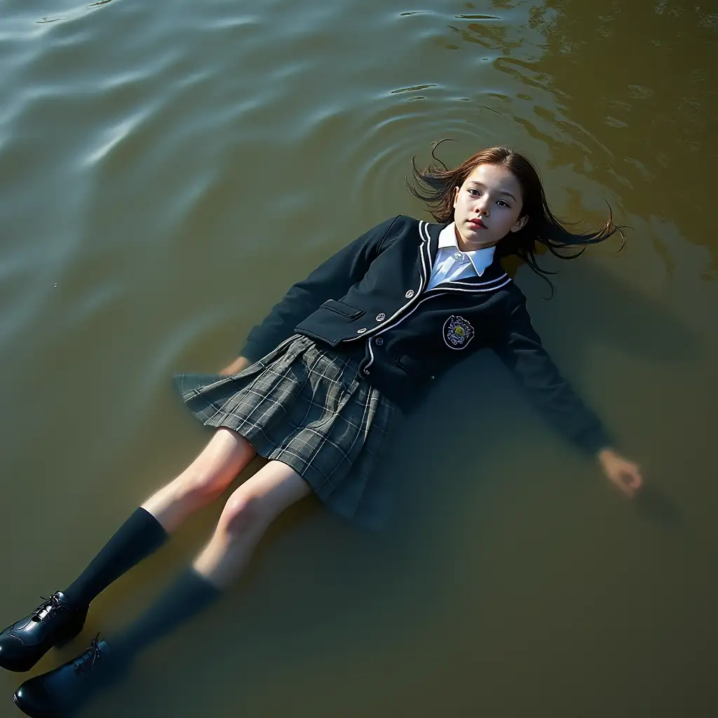 A young schoolgirl in a school uniform, in a skirt, jacket, blouse, dark tights, high-heeled shoes. She is swimming in a dirty pond, lying underwater, all her clothes are completely wet, wet clothes stick to her body, the whole body is underwater, submerged in water, under the surface of the water, below the water's edge.