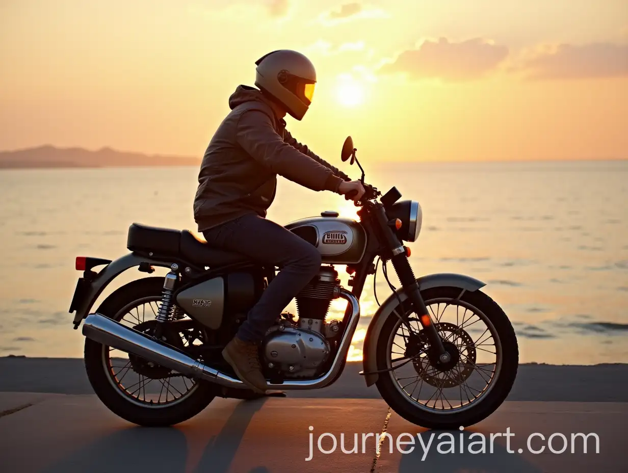 Riding-an-Enfield-Motorcycle-by-the-Seashore-at-Sunrise