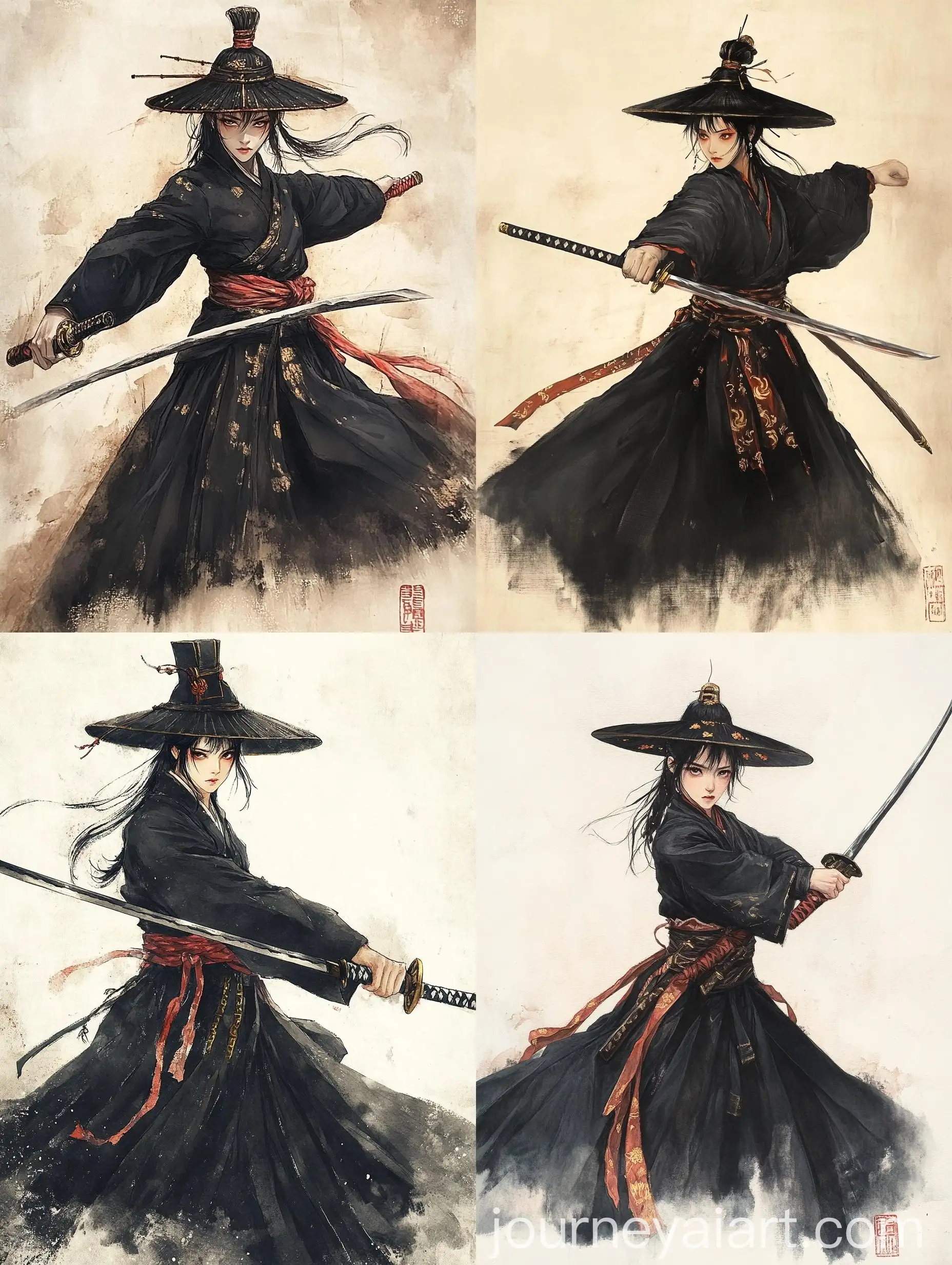Traditional-East-Asian-Brush-Painting-of-Grim-Female-Warrior-with-Sword