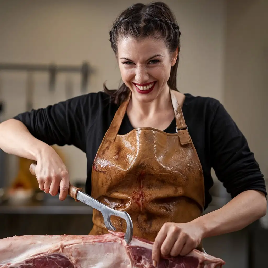 Beautiful-Woman-Carving-Carcass-with-Butcher-Knife-in-Grungy-Setting