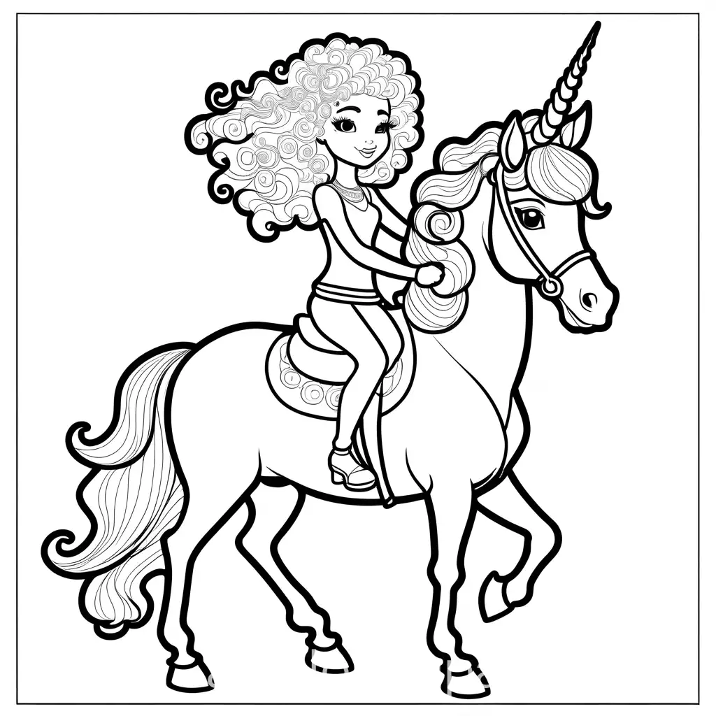 Black-Unicorn-Girl-Hero-with-Curly-Afro-Riding-Unicorn-Coloring-Page