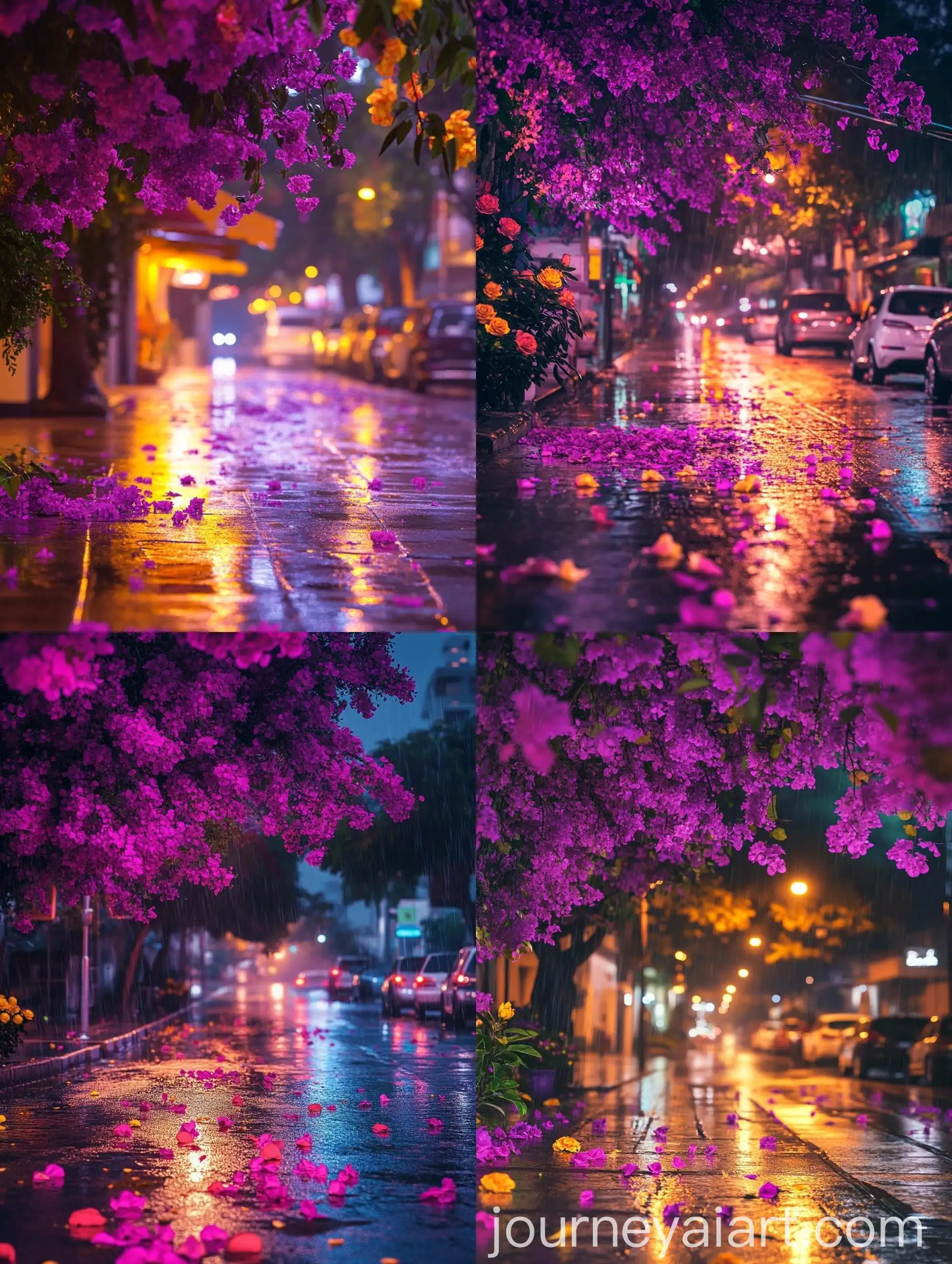 Night-City-Street-with-Purple-Bougainvillea-Flowers-After-Rain