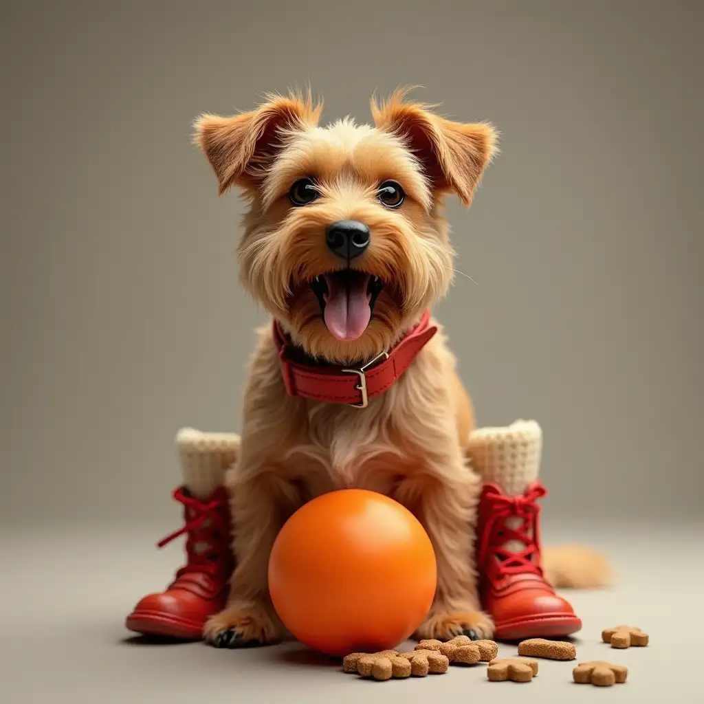 Border Terrier with orange ball, boots and dog biscuits. Red collar