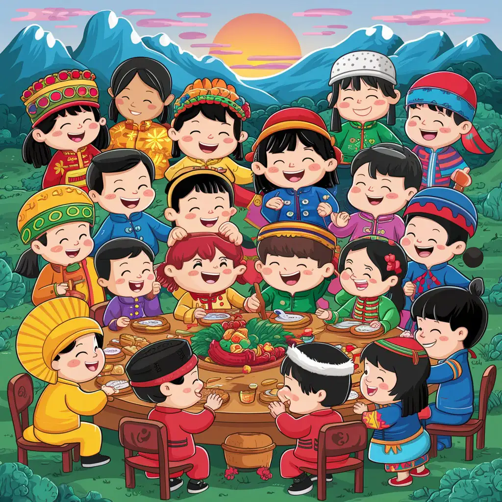 Unified children of various nationalities in China, cartoon slides PowerPoint background