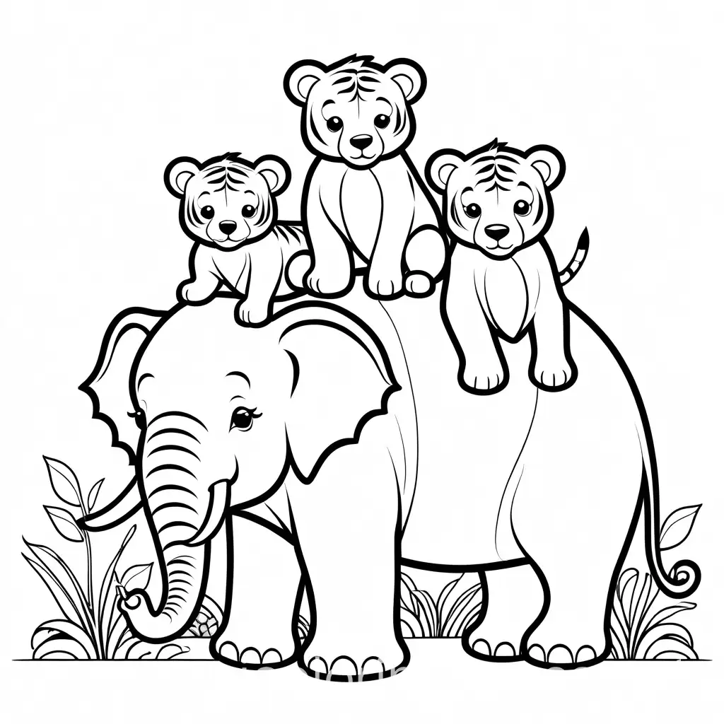 Adorable-Tiger-and-Bear-Cubs-Riding-Elephant-Coloring-Page