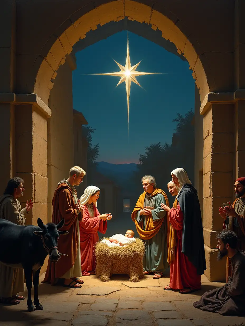 The portal of Bethlehem with the birth of the child Jesus, Mary, Joseph, the ox, the donkey, the wise men and among the shepherds that appear King Philip VI, Francisco Franco and Donald Trump