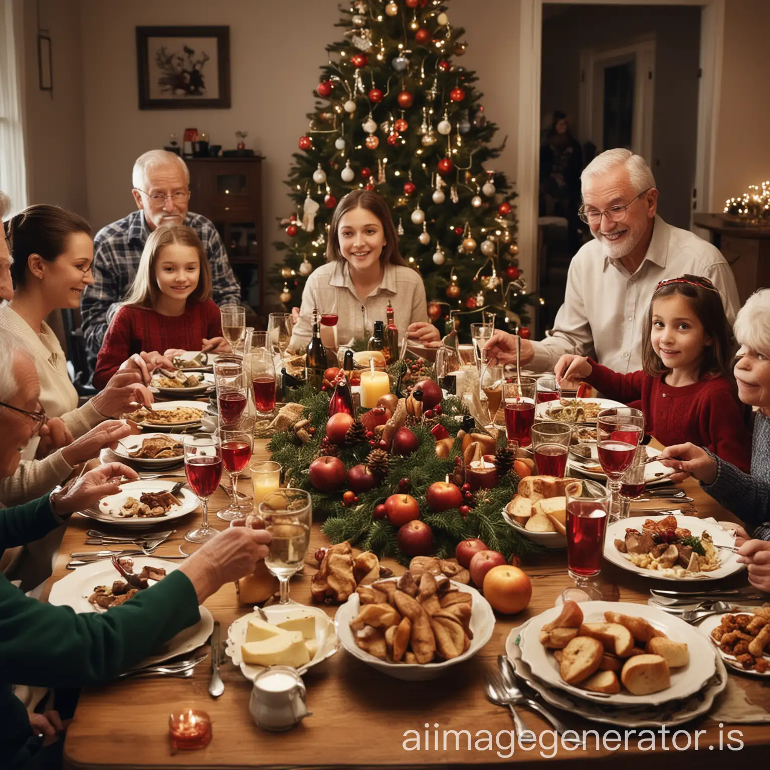 Family-Christmas-Eve-Dinner-Celebration-with-Children-Parents-and-Grandparents