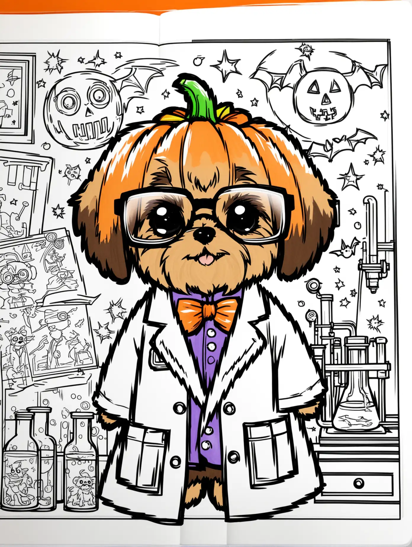 Coloring Book of a Shorkie in a Lab Coat with Glasses for Halloween Fun