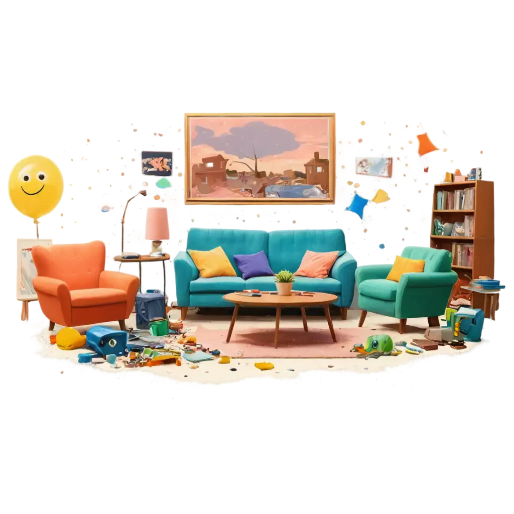 Pixar-Cartoon-Messy-Living-Room-PNG-with-Floating-Dust-Particles-Transparent-Background-for-Creative-Use