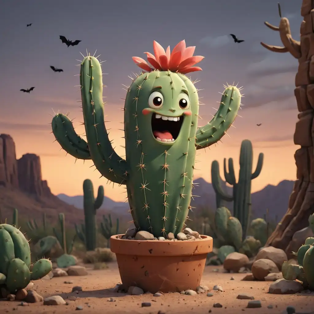 Cartoon Cactus Standing by a Bat