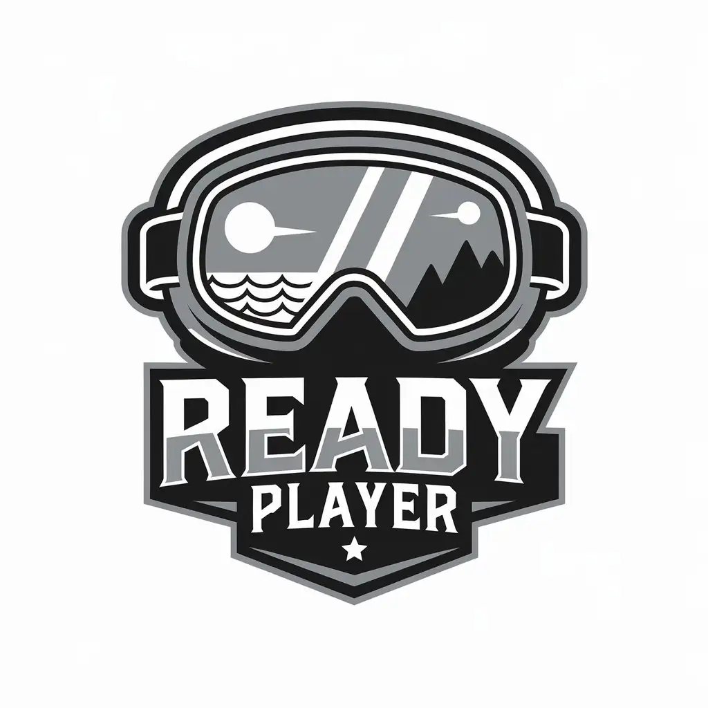 LOGO Design for READY PLAYER Vector with Goggles Sky Sea and Mountain Theme for Sports Fitness