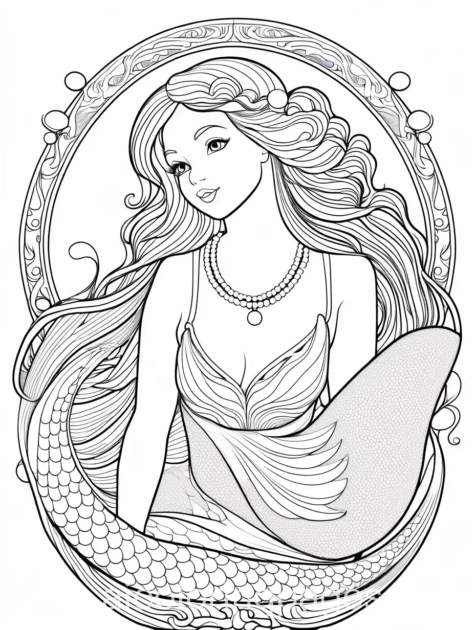 Mermaid-Coloring-Page-with-Pearl-Necklace-Simple-Line-Art-on-White-Background