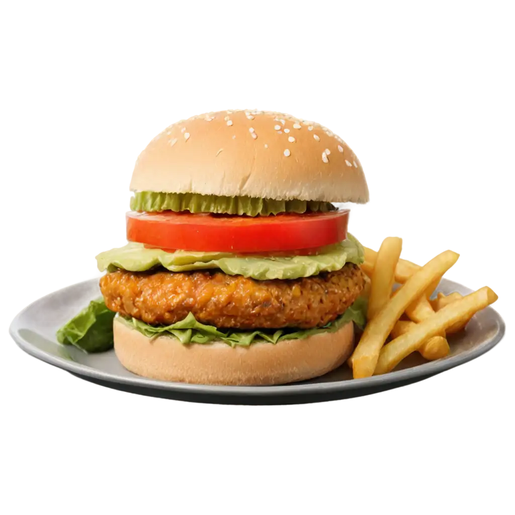 Delicious-Veg-Burger-with-Fries-on-Serving-Plate-HighQuality-PNG-Image