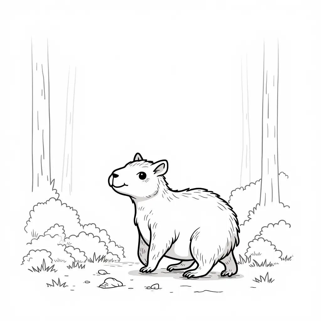 Cute-Capybara-Walking-Through-a-Lush-Forest-in-a-Coloring-Book-Style