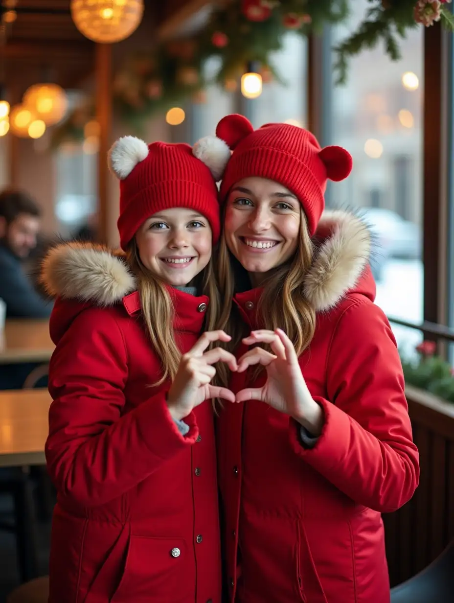 A loving mother and her adorable young child pose together in a cozy café during winter. They are both dressed in matching vibrant red winter coats with fur-trimmed hoods. The child wears a cute red hat with bear ears and a white fur lining, radiating warmth and joy. They form a heart shape with their hands, symbolizing love and happiness. The background showcases a softly lit café with warm lighting, floral decorations, and a snowy city street visible through large windows. The scene exudes warmth, family love, and festive cheer.