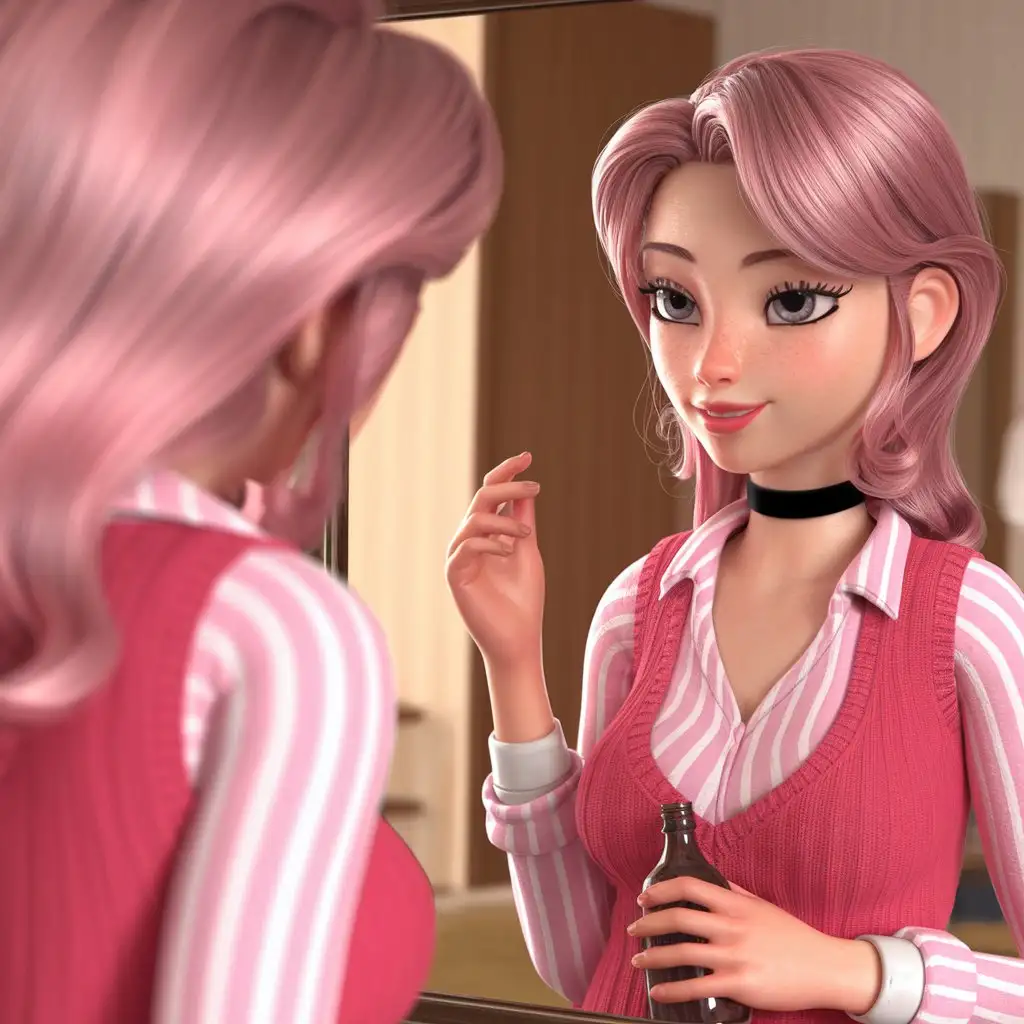 Cartoon-Character-Admiring-Herself-in-the-Mirror-with-a-Bottle