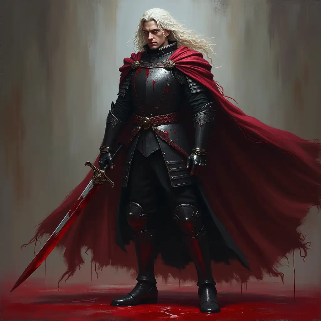 user_prompt: Oil painting, Dark fantasy, male character, full length, knight of blood, clean black metal armor, light armor, black clothes with bloody stains, black bloodstained tunic under the armor, rolled up sleeves, bare forearms and hands, bloody dark red cloak with collar, blue eyes, long wavy pale hair, bloody saber, one sword, long hair, cloak fluttering in the wind, blood magic, curved sword all over blood, stern face, dynamic pose, medieval gothic, scars on hands, bare hands, pointed boots, greaves, bloody bandage