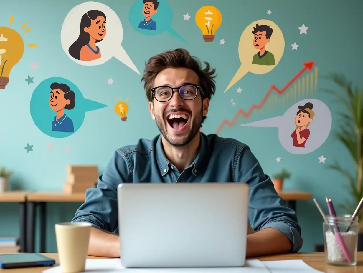 A joyful entrepreneur passionately working on a creative project, surrounded by symbols of success like satisfied customers, increasing charts, and money flowing in from happy clients. The background hints at real-world problems being solved through the person’s work.