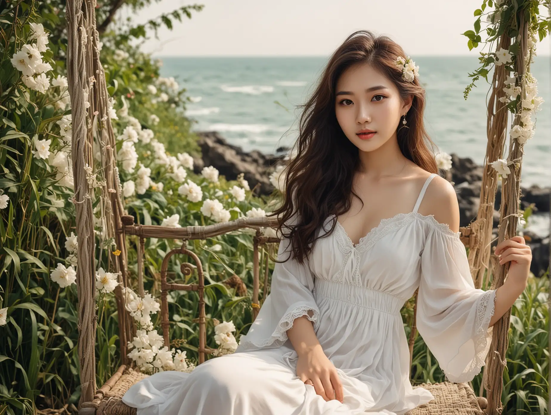 A beautiful and charming Taiwan girl, with fox eyes, long round face, thin crescent eyebrows, large wavy hair flowing down to her waist, slightly upturned small mouth, wearing a white long dress, sitting on a swing decorated with flowers and grass, romantic and beautiful atmosphere, background by the sea