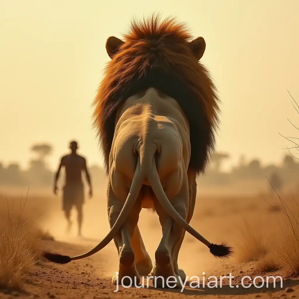 Muscular-Lion-and-Fearful-African-Man-in-a-Savannah-Landscape