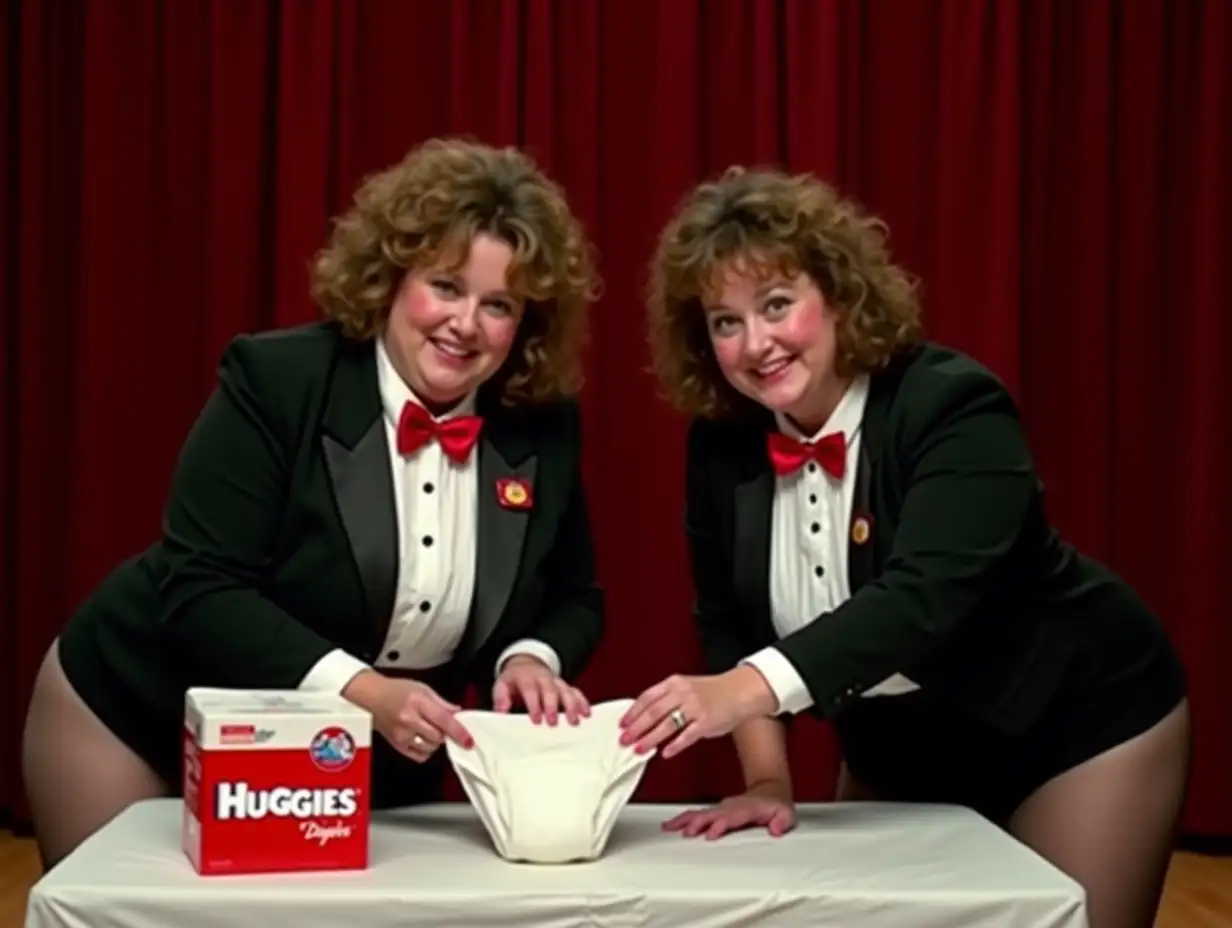 (photo realistic), (two matching sweet laughing middle-aged larger plump obese body type with large wide hips) (Caucasian female women), with mid-length light brown curly 1980s bob hair with curly bangs, wearing a very formal orchestra concert tuxedo with (black long sleeve high cut cropped above waist Eton jacket with a red and white name tag with the Huggies logo), ((white tuxedo shirt, with tight very high standing wingtip collar, and many thick vertical pleats front)), ((red diamond point bow tie with red thick adjustable neckband)), red cummerbund, (((black very tight high cut spandex brief))), fishnets, ((((looking at viewer while bending forward over a white padded changing table consisting of one large sized white and red plastic rounded box of Huggies Diapers, while holding up a bright white large folded plastic backed disposable diaper in her hand, on a stage, with a red curtain backdrop)))), ((((very close up pov front view))))