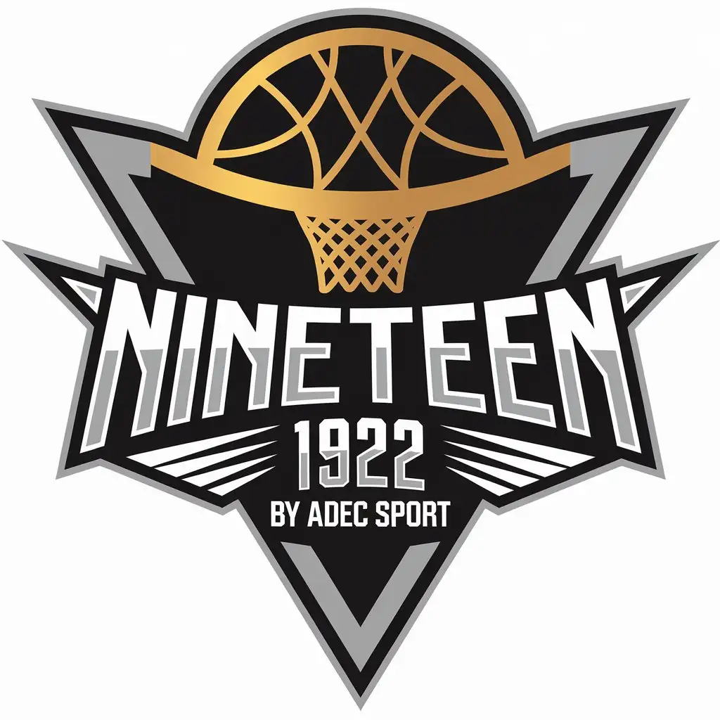 LOGO Design For NINETEEN 22 by ADEC Sport Modern Sports Theme with Bold Black Text and Stylish Gold Basketball Hoop