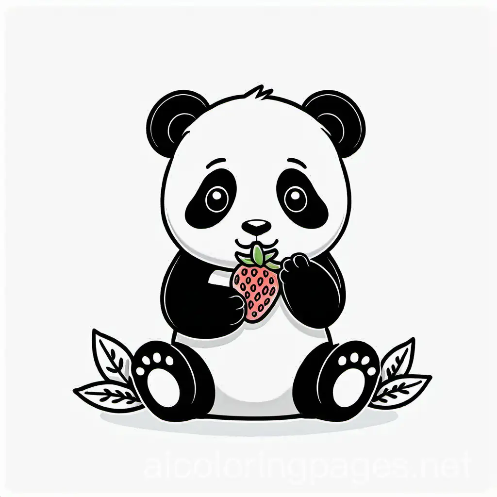 baby panda eating strawberry, Coloring Page, black and white, line art, white background, Simplicity, Ample White Space