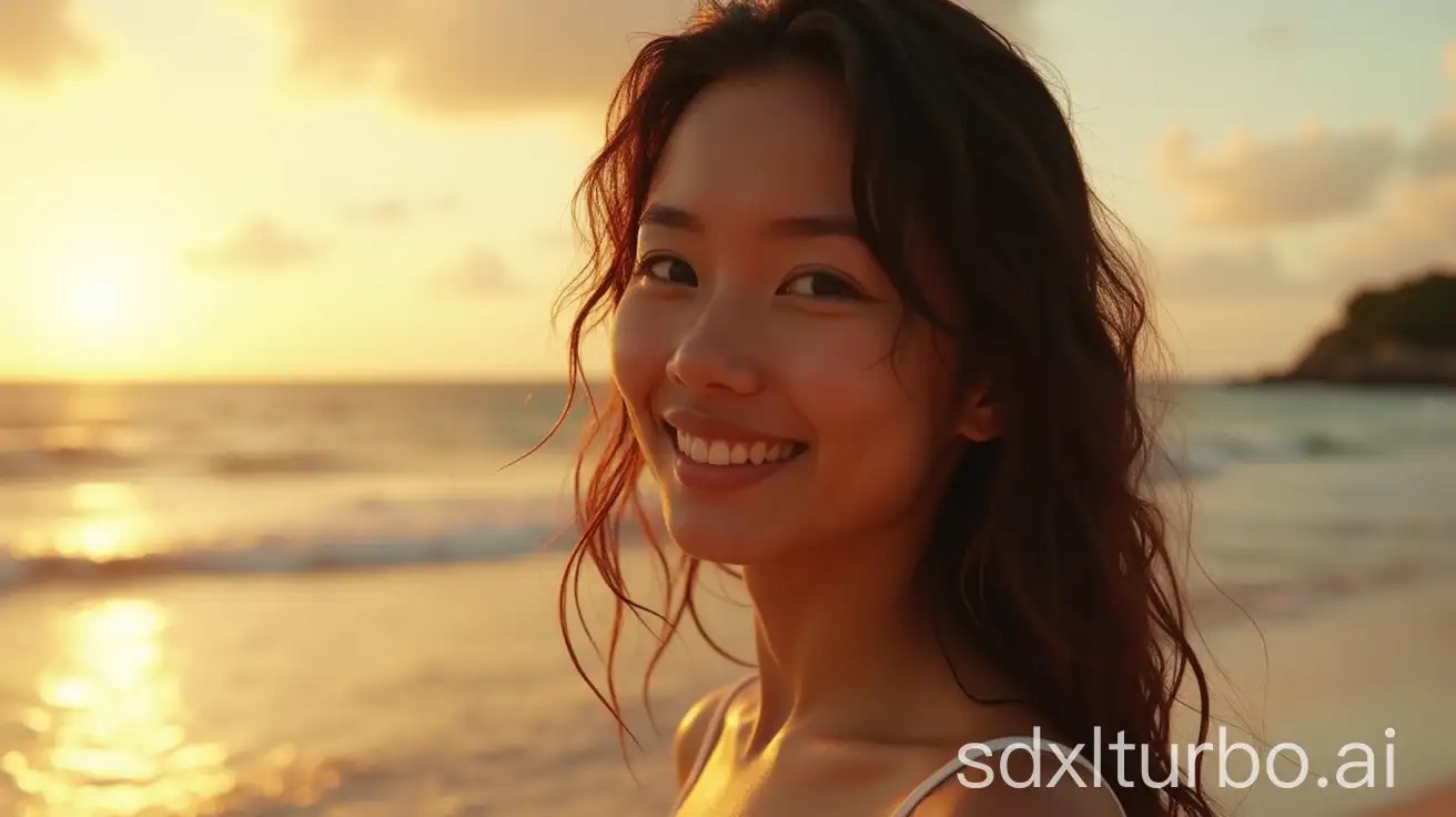 beautiful young woman, smiling，bikini，detailed face, sunset over sea，((transparent white skin，Focus on the interplay of light and shadow on her skin, emphasizing the texture of her wet hair)) ， ,photographed in the style of Wong Kar-wai. --ar 85:128 --v 6.0 --style raw