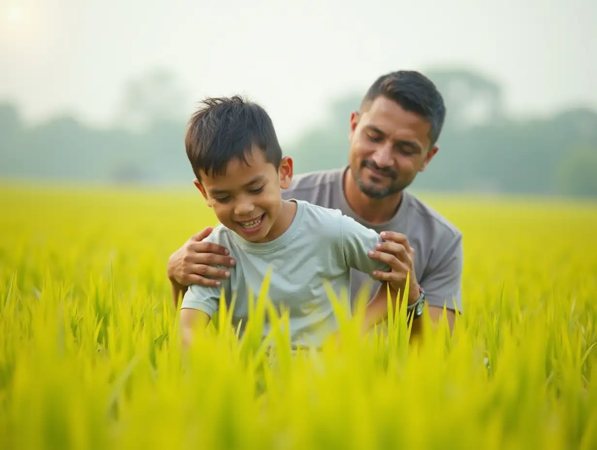 a young man playing at the rice field with his father using a t-shirt