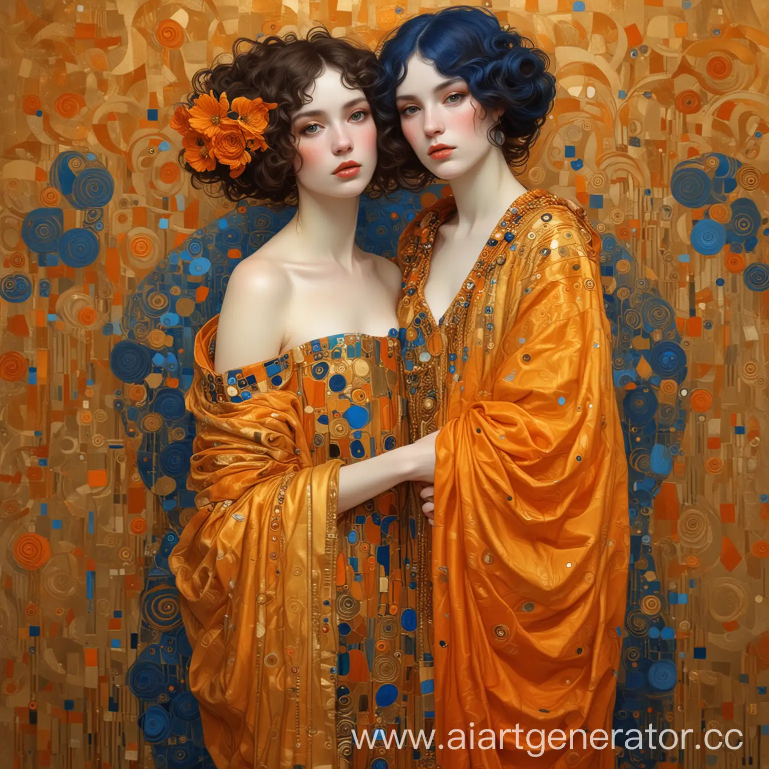 Similar image with other characters. Colors orange, blue, gold. Style of Gustav Klimt