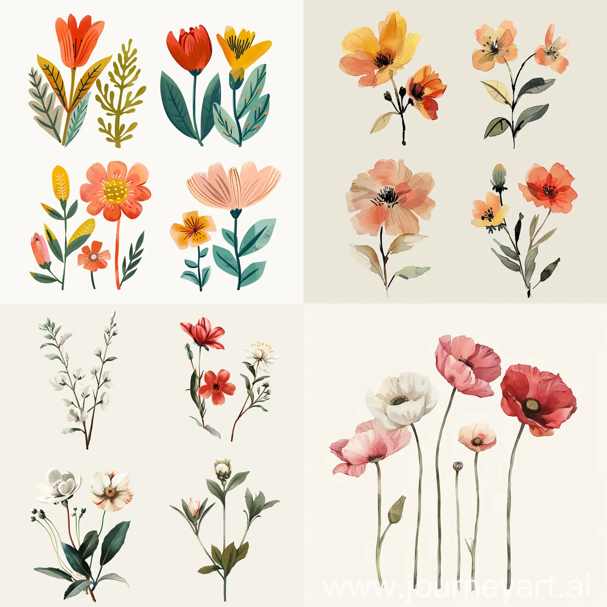 Four-Painterly-Retro-Flowers-on-White-Background