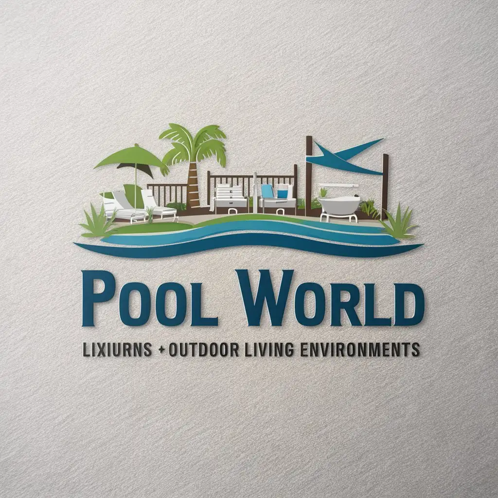 LOGO Design For Pool World Luxurious Outdoor Living Environments in Blue Green and Earth Tones