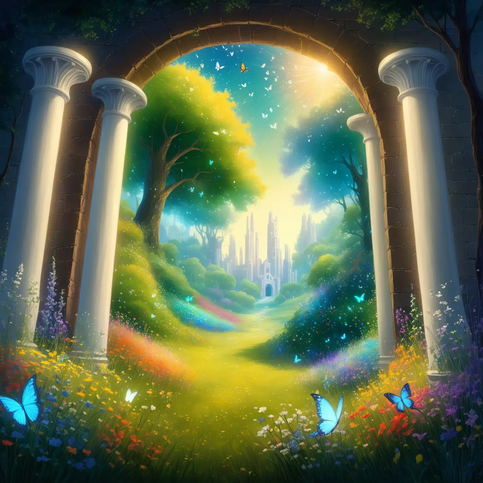 Two glowing white Roman pillars (no doors) in a sunlit Georgian meadow, wildflowers at the base, one butterfly mid-flight. Beyond the gate: a hyper-vibrant paradise with bioluminescent trees and floating crystals, 100x more colorful than Earth. Side-angle view, chromatic depth, ultra-detailed realism, subtle motion blur. Style: Thomas Kinkade’s lighting + Studio Ghibli’s whimsy. Negative prompt: doors, modern objects, dull colors.