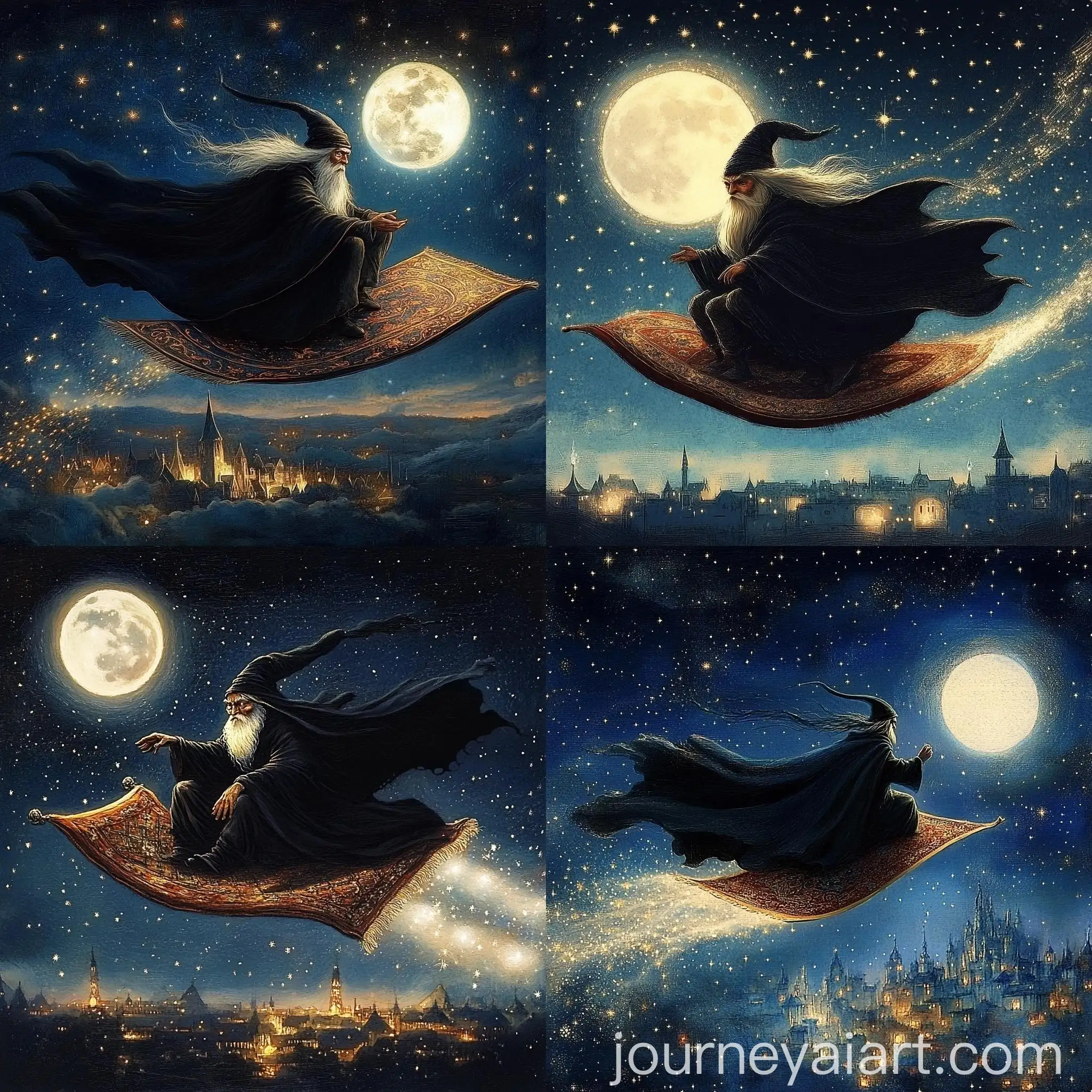 Ancient-Wizard-Flying-on-Magic-Carpet-at-Night