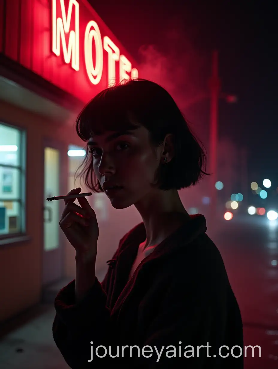 Woman-Standing-Outside-a-RunDown-Motel-at-Night-with-Neon-Lights-and-Mist