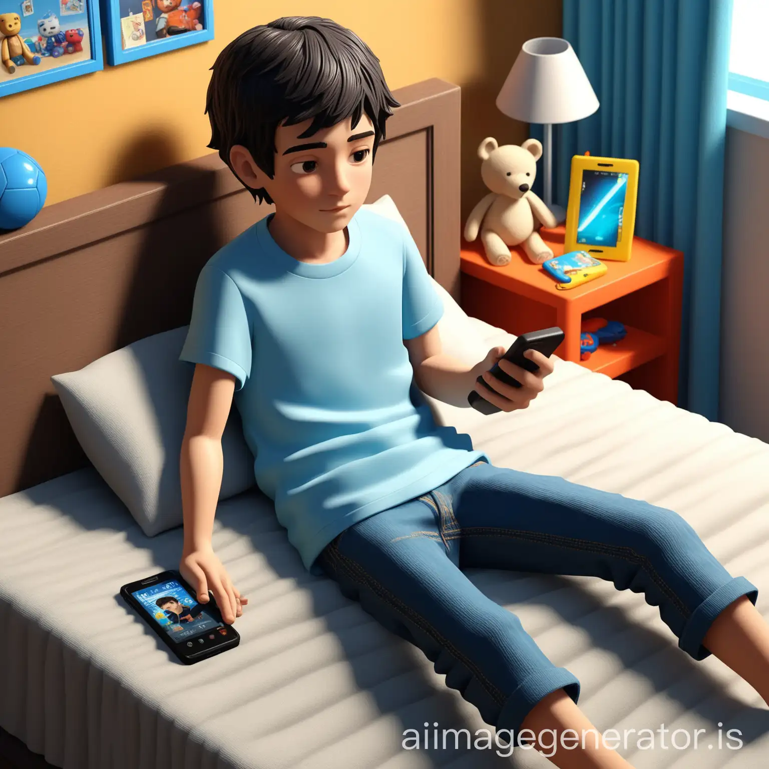 12YearOld-Boy-in-Bright-Room-Bored-and-Looking-at-Phone