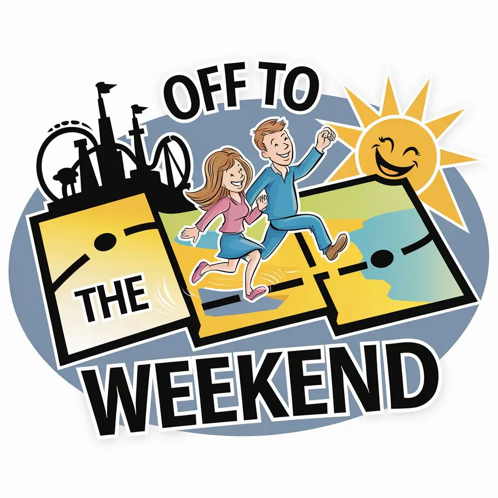 LOGO Design for Off to The Weekend Cartoonish Happy Couple on Giant Map with Sunrise and Theme Park Silhouette