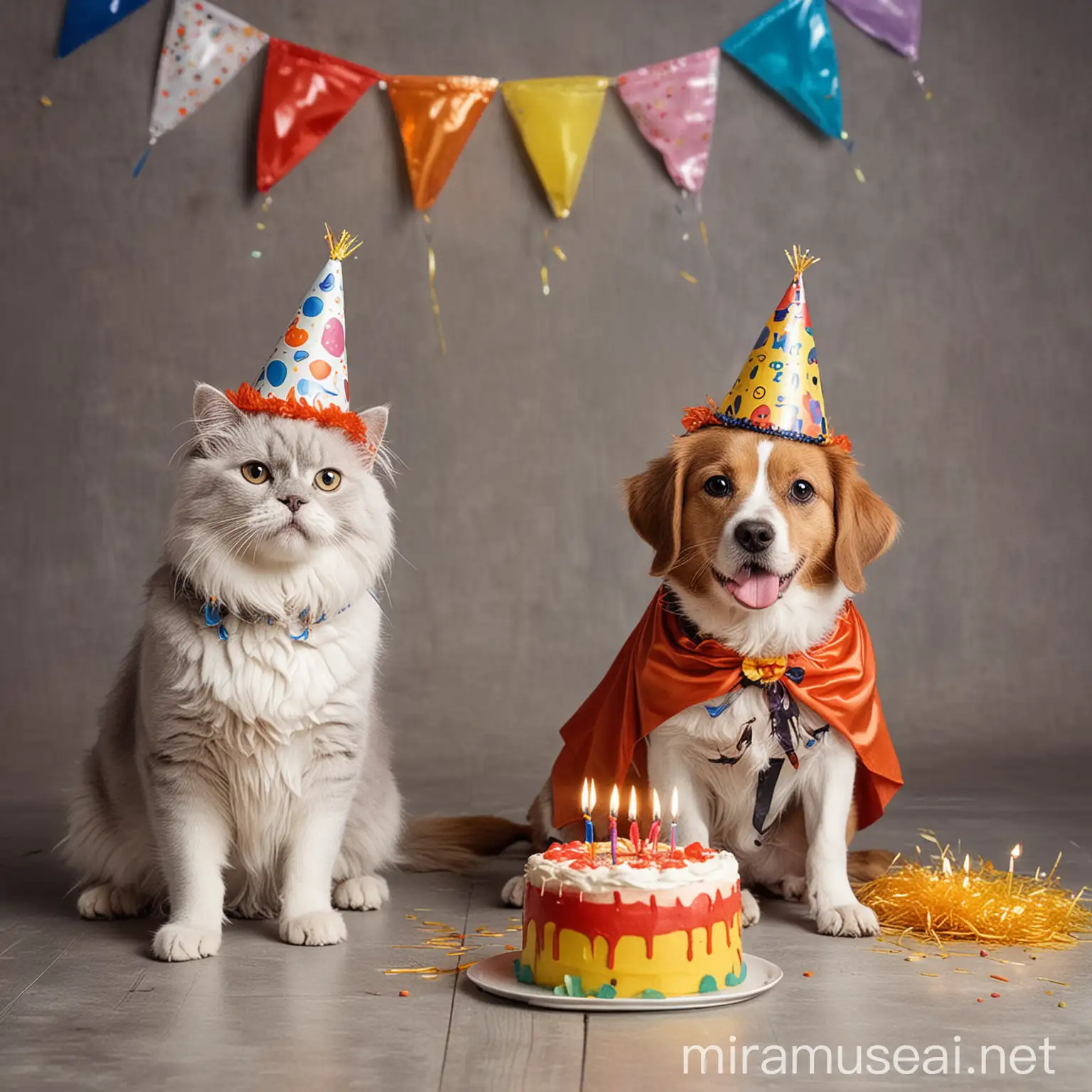 Celebrating Birthday Cat and Dog in Festive Costumes