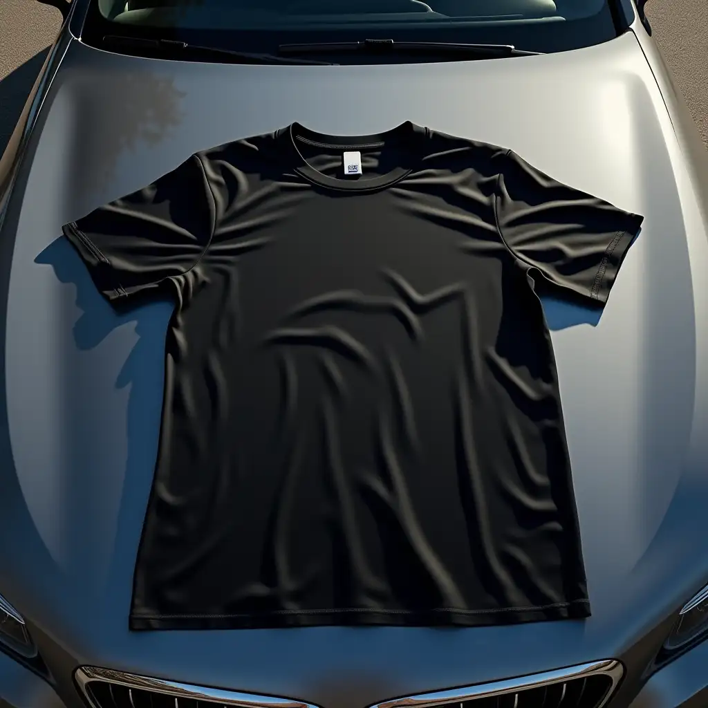 A black crew neck shirt laid flat on the top of a car. The shirt is visible with a blank front, ready for text or graphics. The car has a sleek, modern design, and the scene is set outdoors with natural light casting shadows on the shirt. The car’s surface adds a polished, urban touch, enhancing the shirt as the focal point of the image.